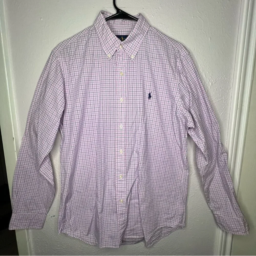 Ralph Lauren Stretch Pink/Blue Plaid Button Down Dress Up Shirts Men Size M